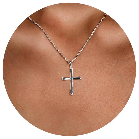 Women's Cross Necklace, Handcrafted from S925 sterling silver, Plated in white gold, with 11 hand-set A+ grade cubic zirconia stones (18 + 2 in).