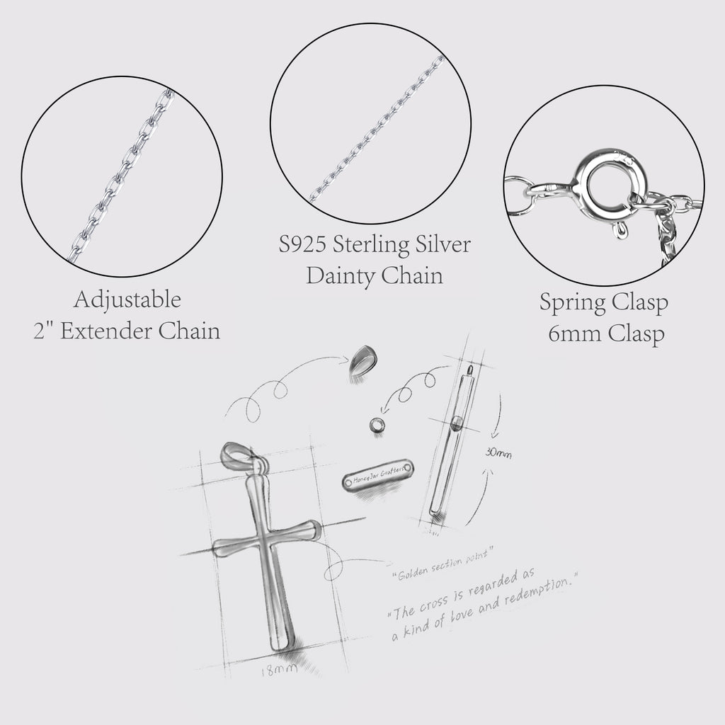 Women's Cross Necklace, Handcrafted from S925 sterling silver, Plated in white gold, with 11 hand-set A+ grade cubic zirconia stones (18 + 2 in).