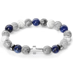 Men’s Christian Cross Energy Bracelet – 10mm Natural Stone Beads for Faith, Spiritual Protection & Inner Strength | Tiger Eye, Hematite, Obsidian, Blue Vein, Map Stone, Howlite