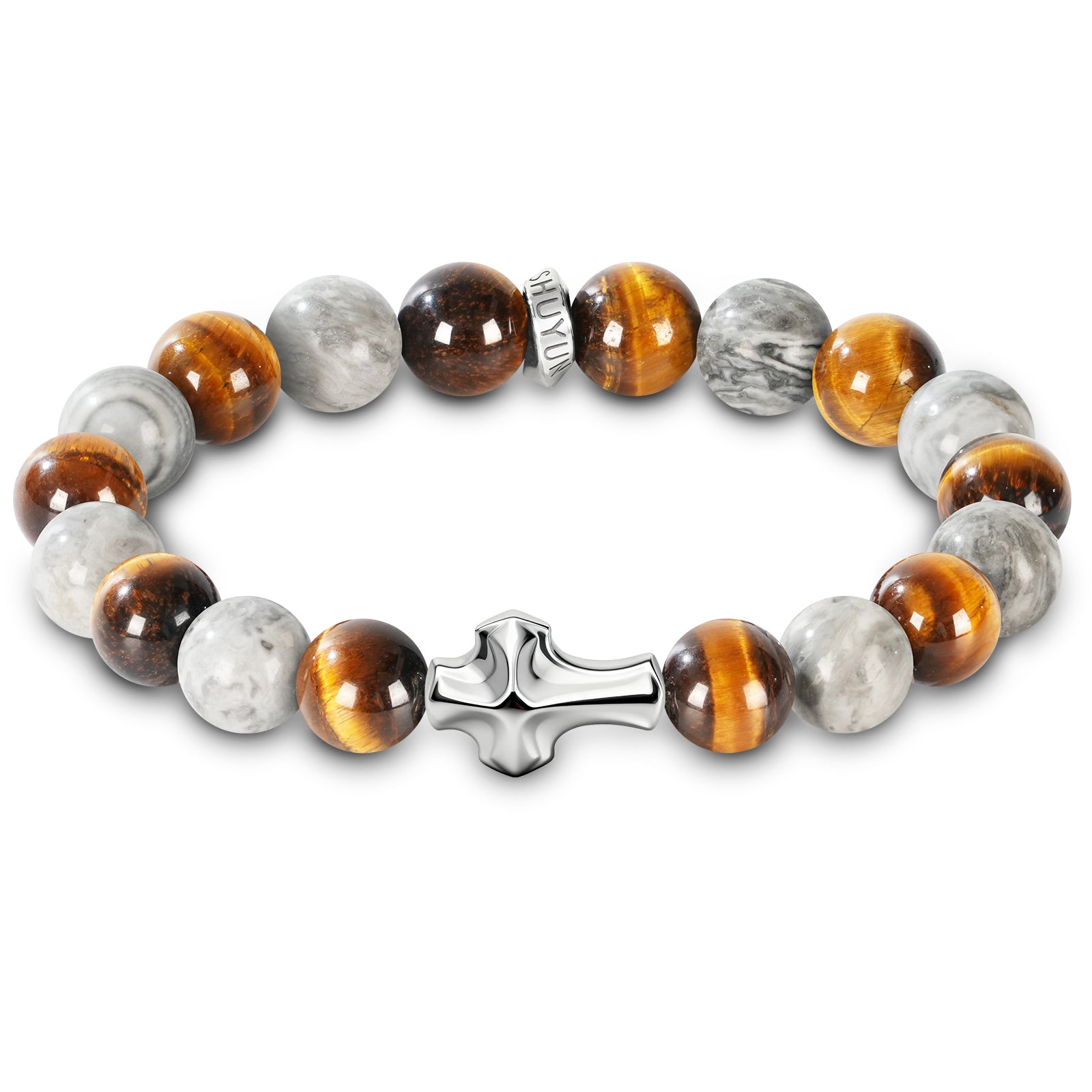 Mens Christian Cross Bracelet – Natural Gemstones (Silver Obsidian/Lapis Lazuli/Tiger Eye) – Adjustable, Symbol of Faith & Protection