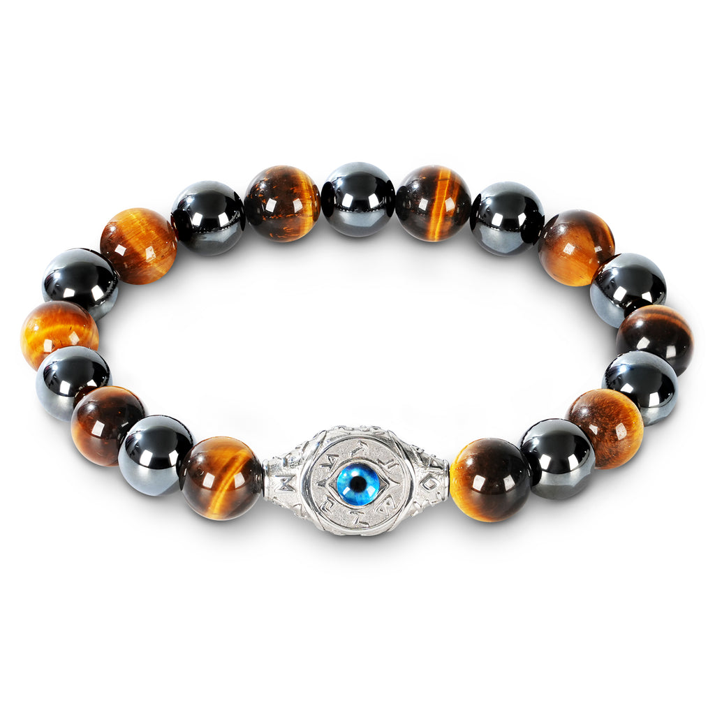 Men’s Evil Eye Beaded Bracelet – 10mm Natural Gemstones (Tiger Eye/ Silver Obsidian/Black Agate/Tiger Eye)) with Protection Charm – Adjustable Elastic, Symbol of Strength & Protection, Perfect Gift for Men