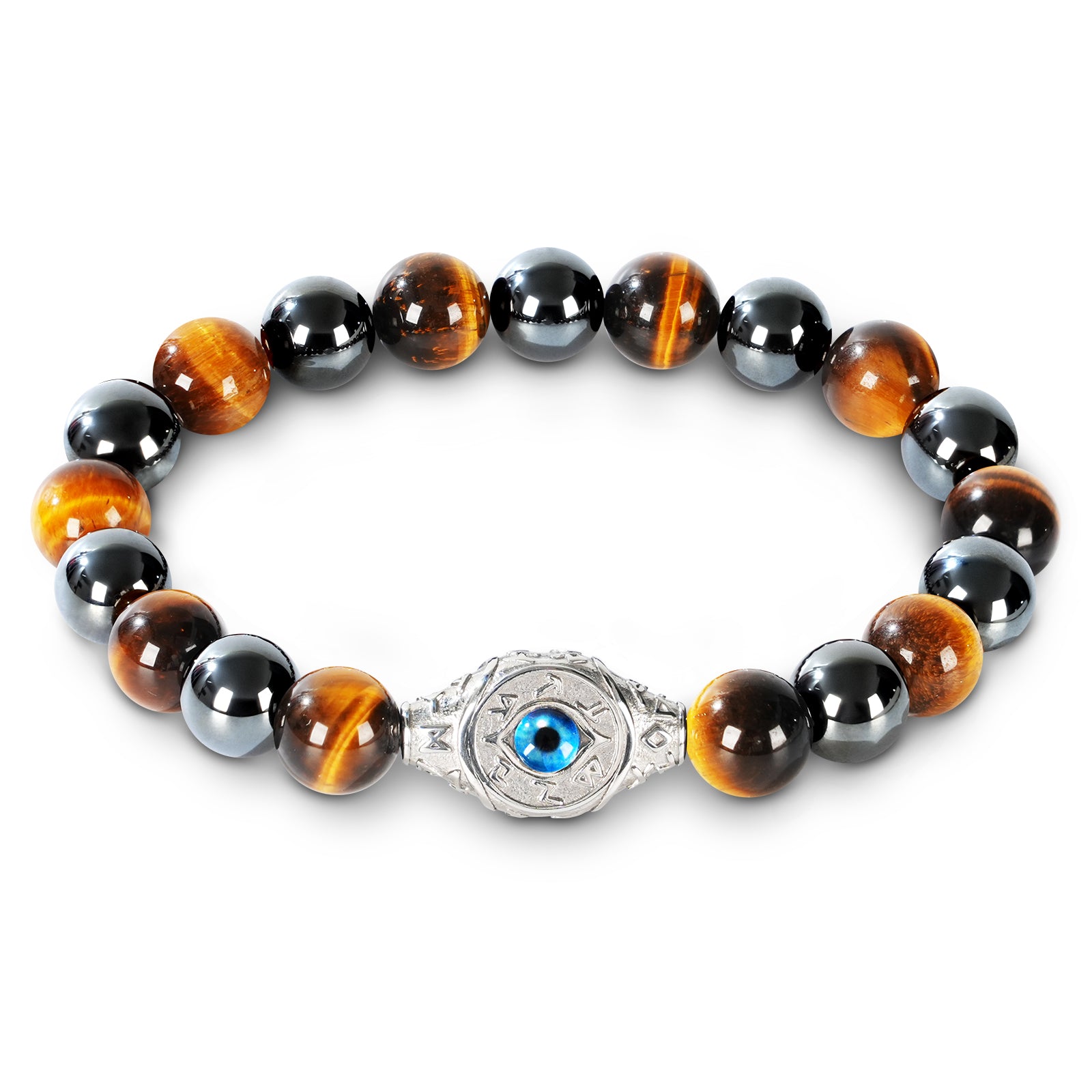 Men’s Evil Eye Beaded Bracelet – 10mm Natural Gemstones (Tiger Eye/ Silver Obsidian/Black Agate/Tiger Eye)) with Protection Charm – Adjustable Elastic, Symbol of Strength & Protection, Perfect Gift for Men