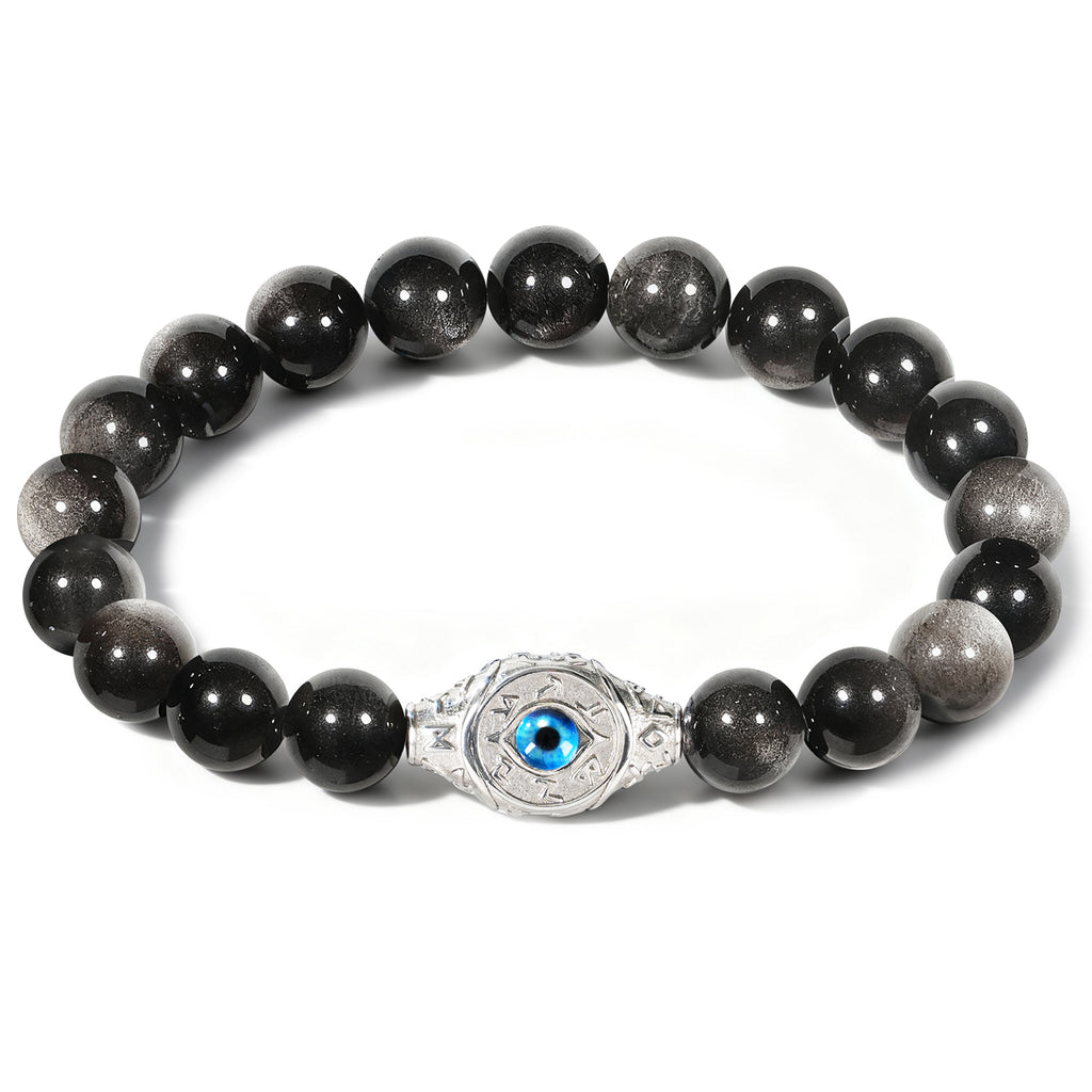 Men’s Evil Eye Beaded Bracelet – 10mm Natural Gemstones (Tiger Eye/ Silver Obsidian/Black Agate/Tiger Eye)) with Protection Charm – Adjustable Elastic, Symbol of Strength & Protection, Perfect Gift for Men