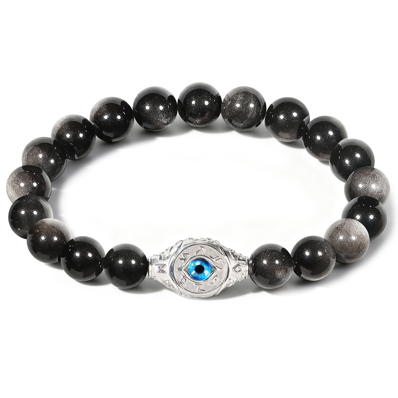 Men’s Evil Eye Beaded Bracelet – 10mm Natural Gemstones (Tiger Eye/ Silver Obsidian/Black Agate/Tiger Eye)) with Protection Charm – Adjustable Elastic, Symbol of Strength & Protection, Perfect Gift for Men