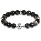 Mens Christian Cross Bracelet – Natural Gemstones (Silver Obsidian/Lapis Lazuli/Tiger Eye) – Adjustable, Symbol of Faith & Protection