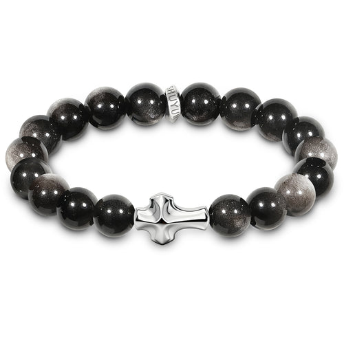 Mens Christian Cross Bracelet – 10mm Natural Gemstones (Silver Obsidian/Lapis Lazuli/Tiger Eye) – Adjustable, Symbol of Faith & Protection