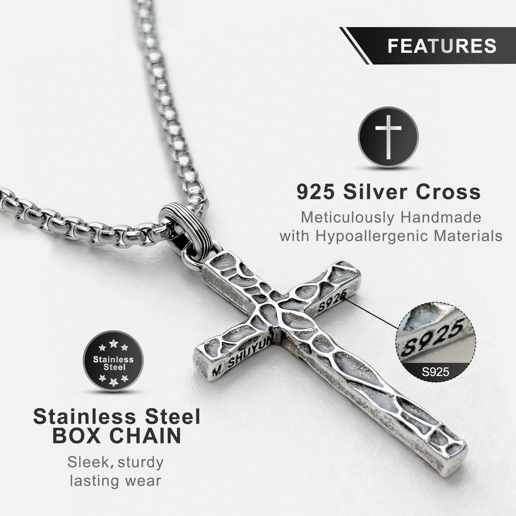 S925 Sterling Silver Cross Necklace for Men – Handcrafted Vintage Hammered & Diagonal Textured Cross with Oxidized Finish, A Symbol of Faith, Spiritual Protection, Inner Strength & Devotion