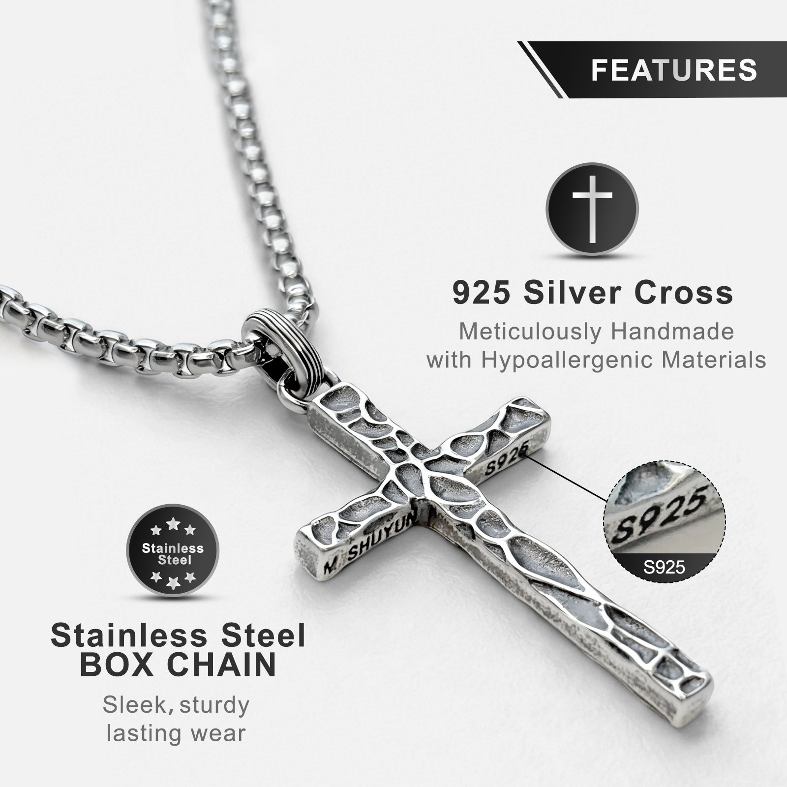 S925 Sterling Silver Cross Necklace for Men – Handcrafted Vintage Hammered & Diagonal Textured Cross with Oxidized Finish, A Symbol of Faith, Spiritual Protection, Inner Strength & Devotion