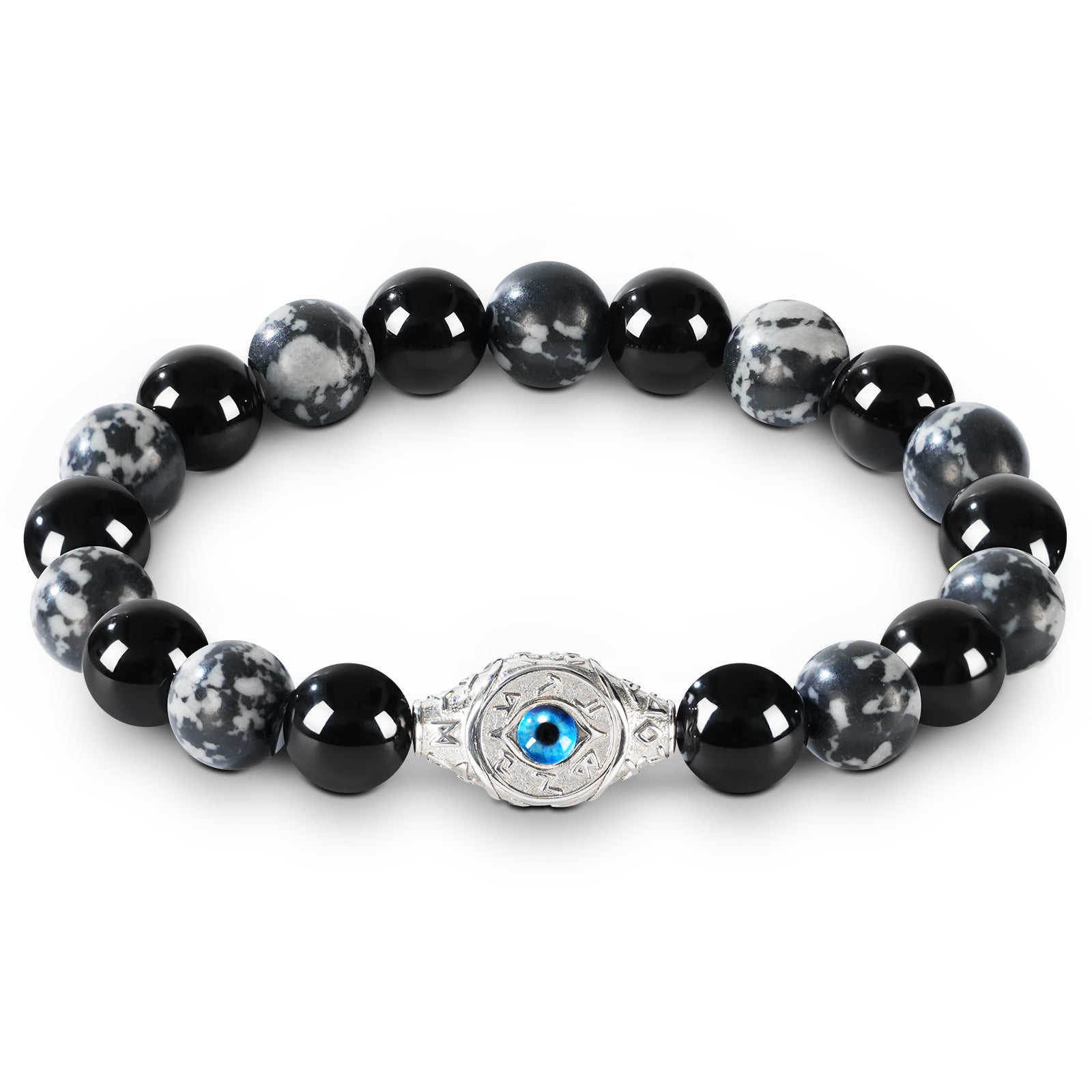 Men’s Evil Eye Beaded Bracelet – 10mm Natural Gemstones (Tiger Eye/ Silver Obsidian/Black Agate/Tiger Eye)) with Protection Charm – Adjustable Elastic, Symbol of Strength & Protection, Perfect Gift for Men
