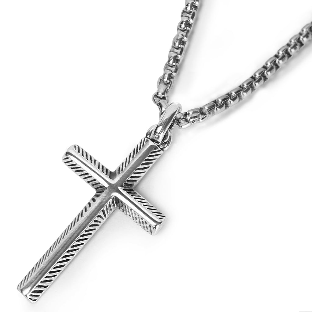S925 Sterling Silver Cross Necklace for Men – Handcrafted Vintage Hammered & Diagonal Textured Cross with Oxidized Finish, A Symbol of Faith, Spiritual Protection, Inner Strength & Devotion