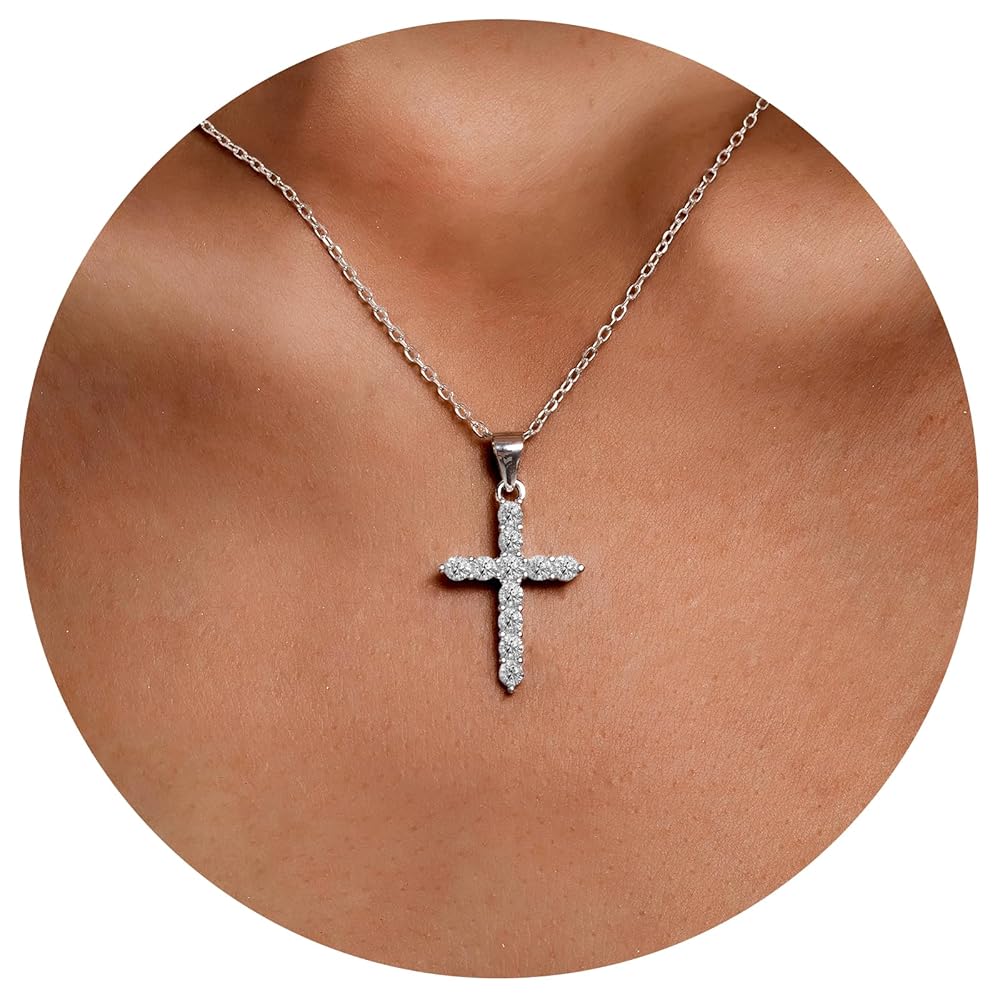 Women's Cross Necklace, Handcrafted from S925 sterling silver, Plated in white gold, with 11 hand-set A+ grade cubic zirconia stones (18 + 2 in).