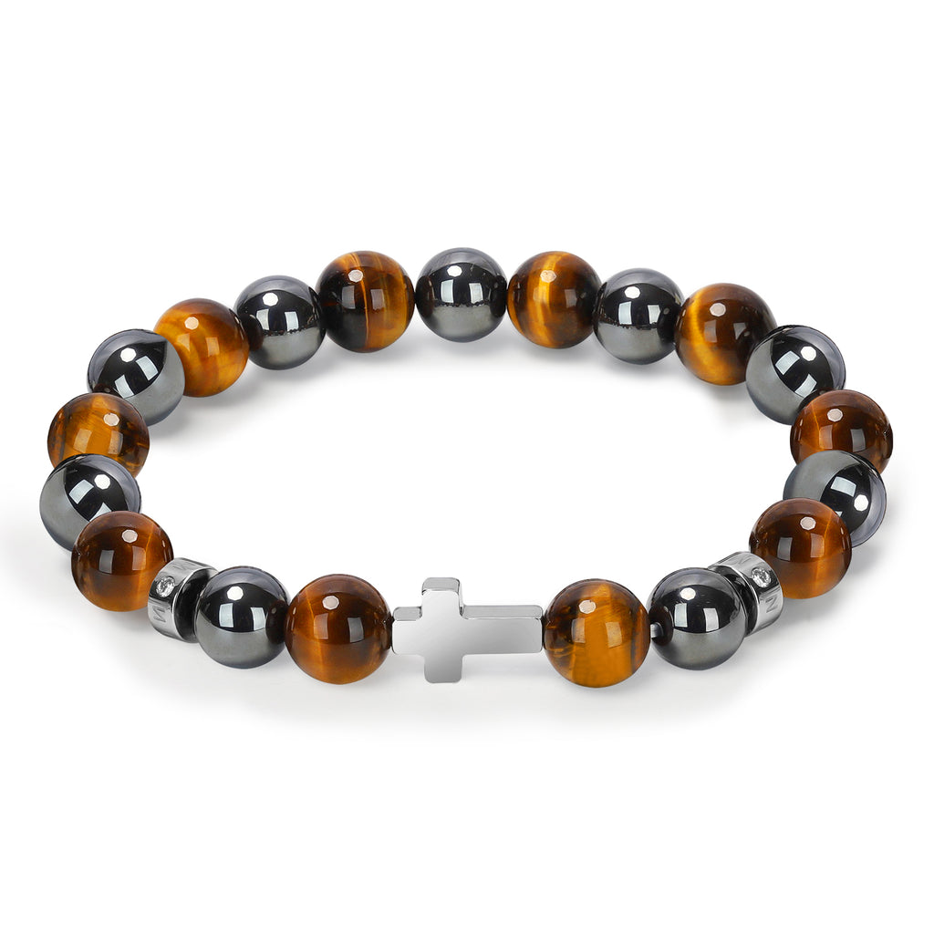 Men’s Christian Cross Energy Bracelet – 10mm Natural Stone Beads for Faith, Spiritual Protection & Inner Strength | Tiger Eye, Hematite, Obsidian, Blue Vein, Map Stone, Howlite