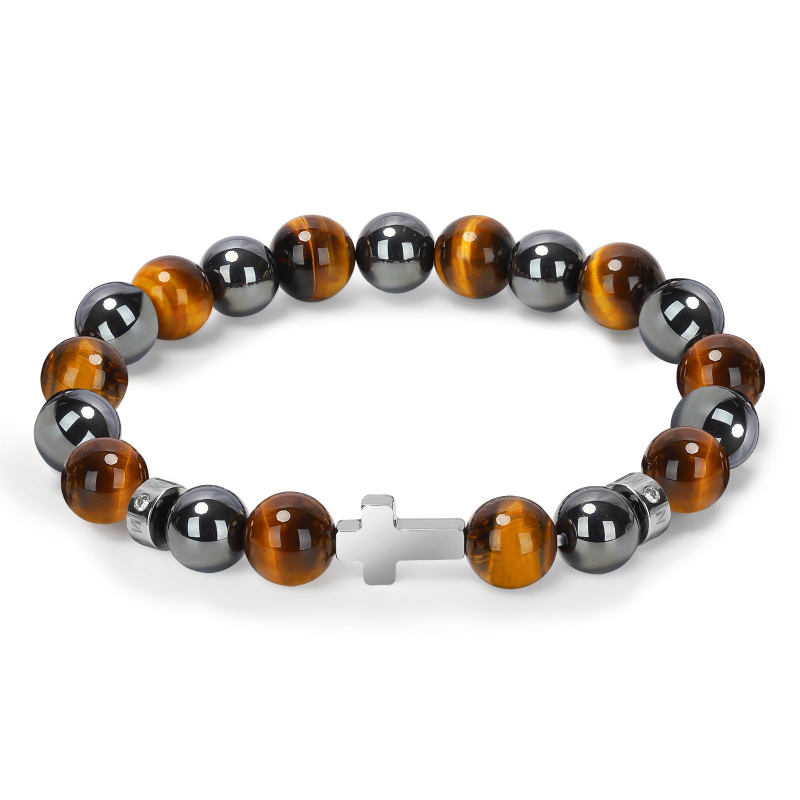 Men’s Christian Cross Energy Bracelet – 10mm Natural Stone Beads for Faith, Spiritual Protection & Inner Strength | Tiger Eye, Hematite, Obsidian, Blue Vein, Map Stone, Howlite