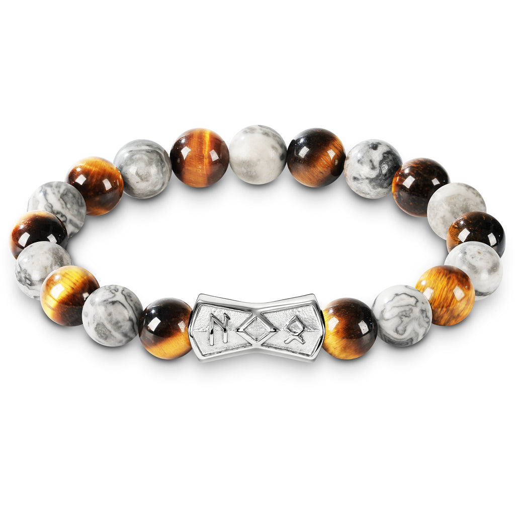 Viking Rune Beaded Bracelet for Men – Natural Gemstones (Lapis Lazuli/Black Agate/Tiger Eye) – Adjustable Elastic, Symbol of Strength & Protection, Perfect Gift for Men