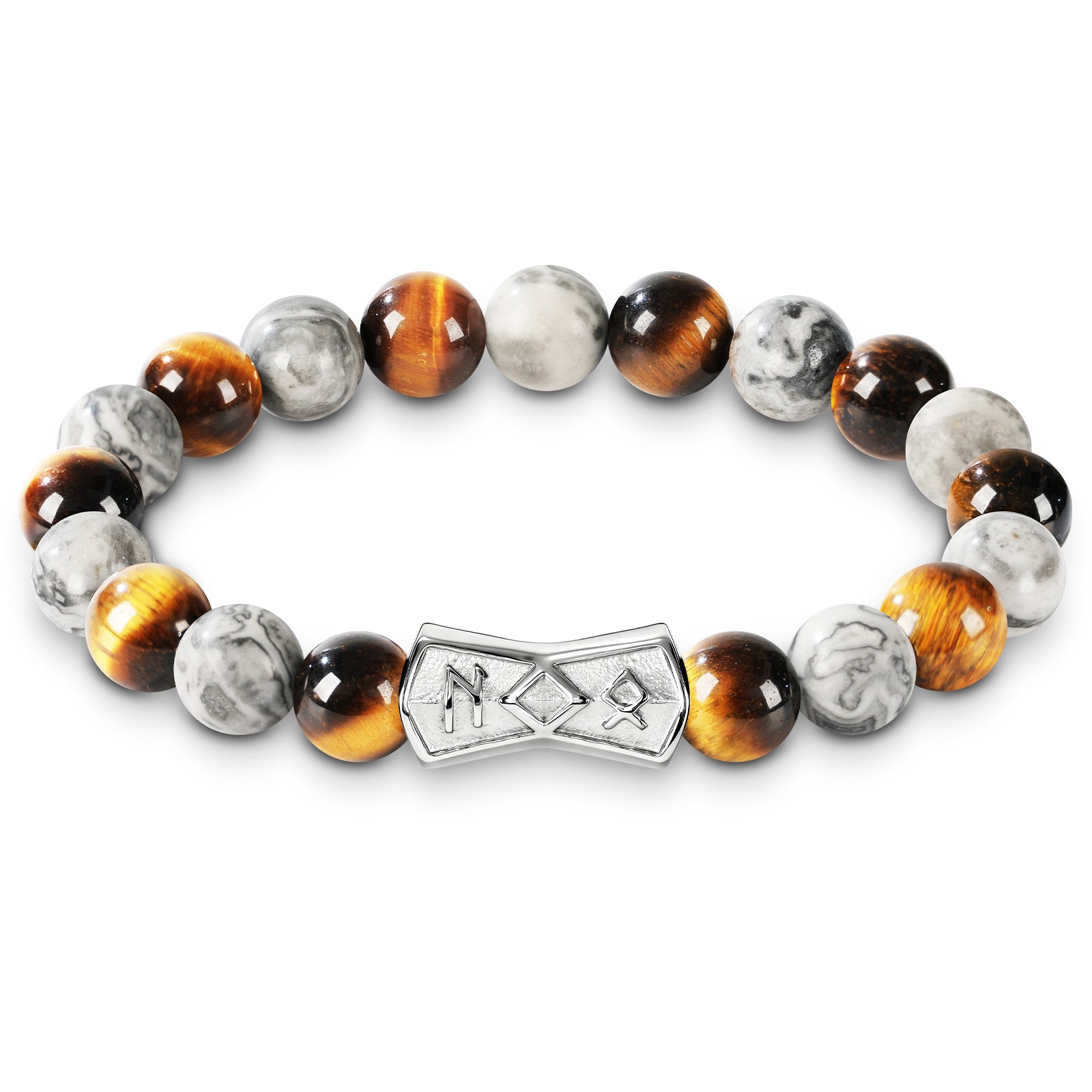 Viking Rune Beaded Bracelet for Men – Natural Gemstones (Lapis Lazuli/Black Agate/Tiger Eye) – Adjustable Elastic, Symbol of Strength & Protection, Perfect Gift for Men