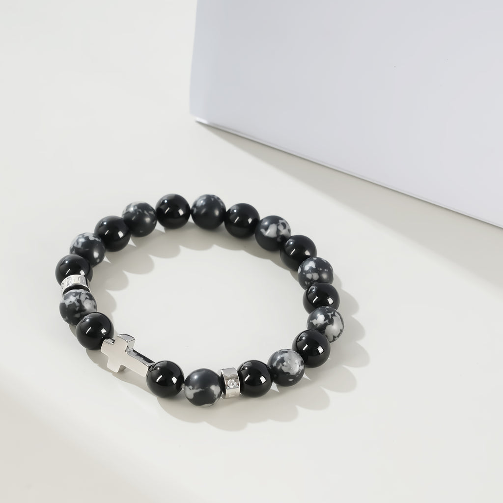 Men’s Christian Cross Energy Bracelet – 10mm Natural Stone Beads for Faith, Spiritual Protection & Inner Strength | Tiger Eye, Hematite, Obsidian, Blue Vein, Map Stone, Howlite
