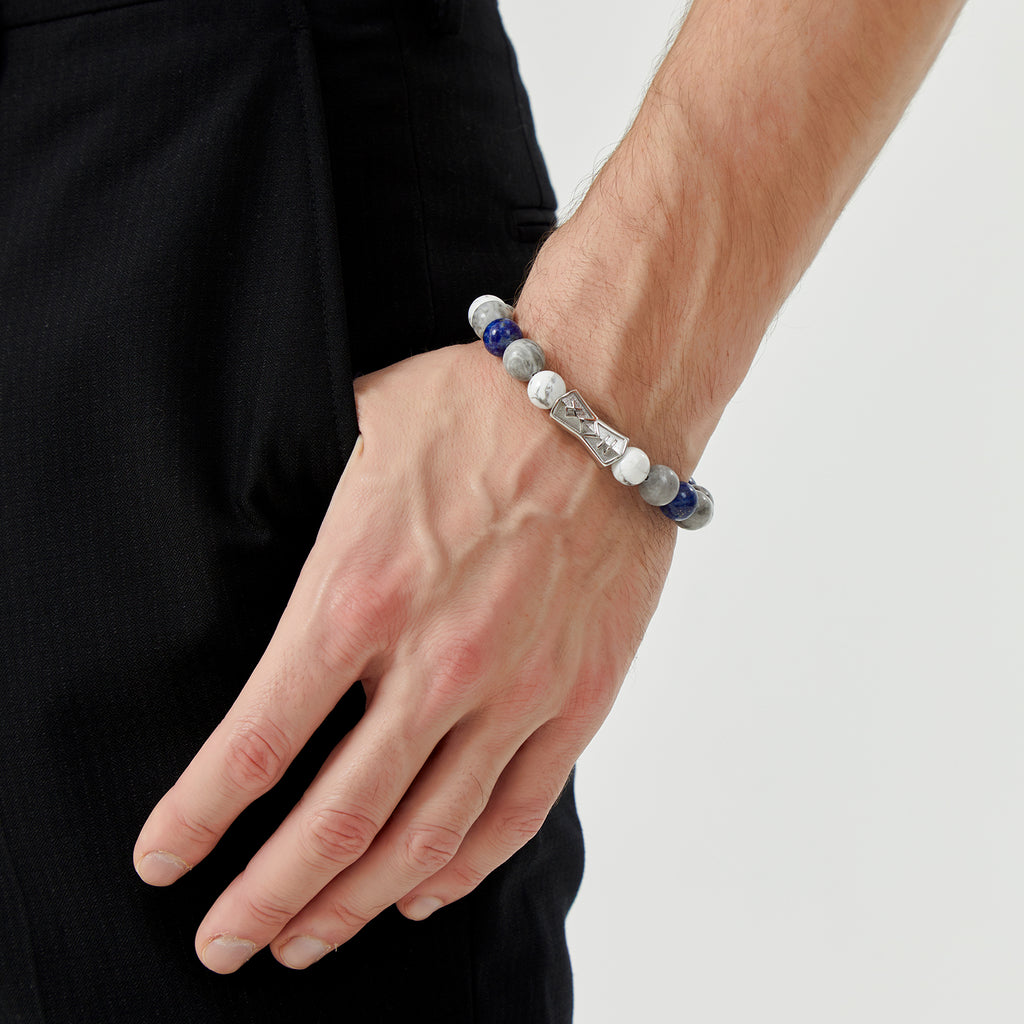 Viking Rune Beaded Bracelet for Men – Natural Gemstones (Lapis Lazuli/Black Agate/Tiger Eye) – Adjustable Elastic, Symbol of Strength & Protection, Perfect Gift for Men