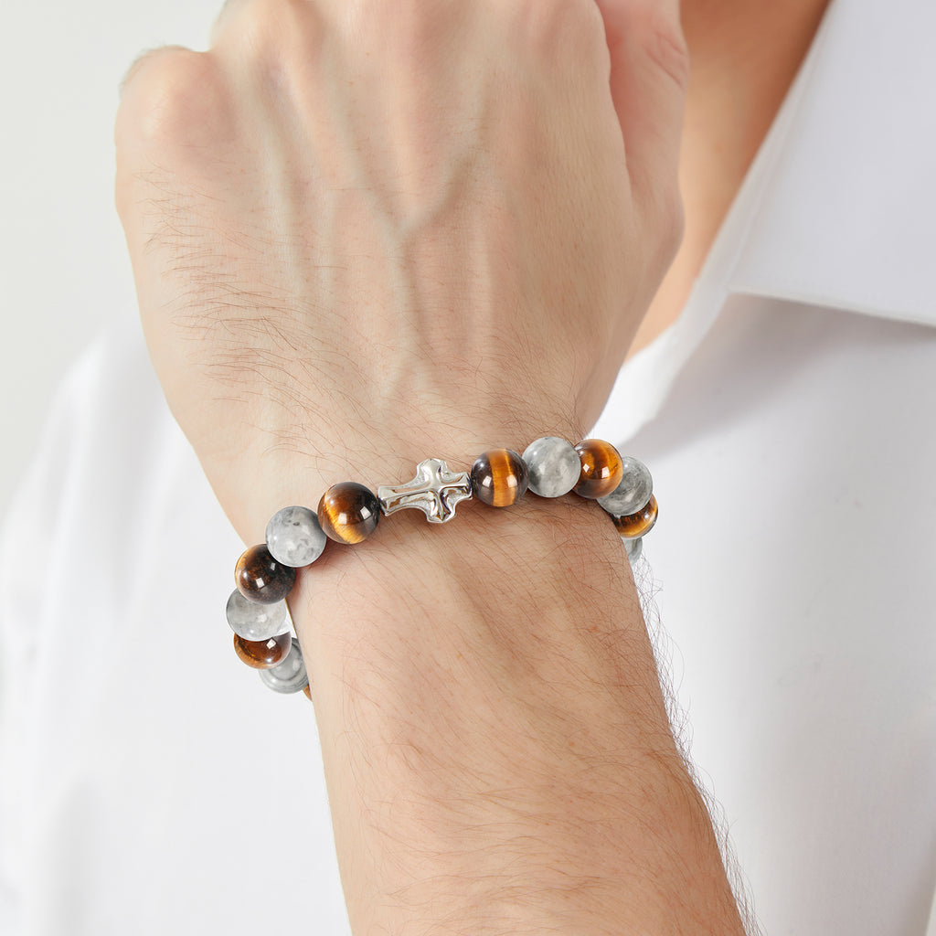 Mens Christian Cross Bracelet – Natural Gemstones (Silver Obsidian/Lapis Lazuli/Tiger Eye) – Adjustable, Symbol of Faith & Protection