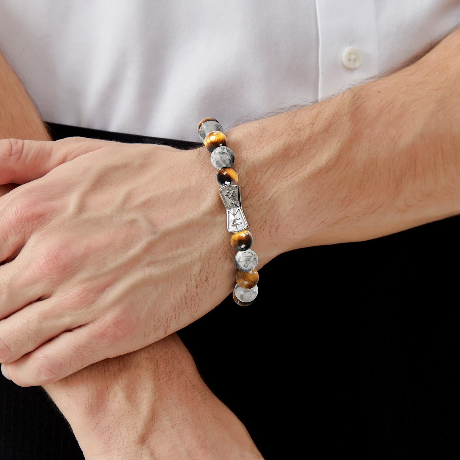 Viking Rune Beaded Bracelet for Men – Natural Gemstones (Lapis Lazuli/Black Agate/Tiger Eye) – Adjustable Elastic, Symbol of Strength & Protection, Perfect Gift for Men