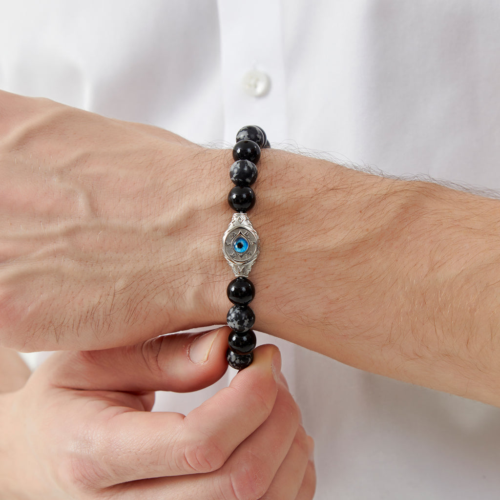 Men’s Evil Eye Beaded Bracelet – 10mm Natural Gemstones (Tiger Eye/ Silver Obsidian/Black Agate/Tiger Eye)) with Protection Charm – Adjustable Elastic, Symbol of Strength & Protection, Perfect Gift for Men