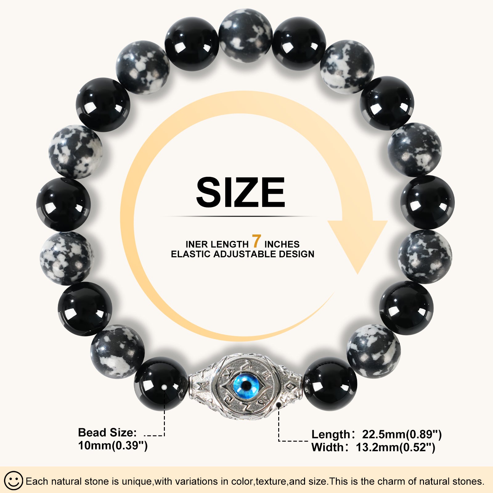 Men’s Evil Eye Beaded Bracelet – 10mm Natural Gemstones (Tiger Eye/ Silver Obsidian/Black Agate/Tiger Eye)) with Protection Charm – Adjustable Elastic, Symbol of Strength & Protection, Perfect Gift for Men