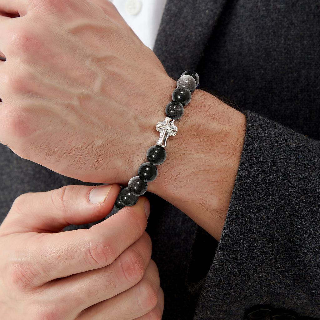 Mens Christian Cross Bracelet – Natural Gemstones (Silver Obsidian/Lapis Lazuli/Tiger Eye) – Adjustable, Symbol of Faith & Protection