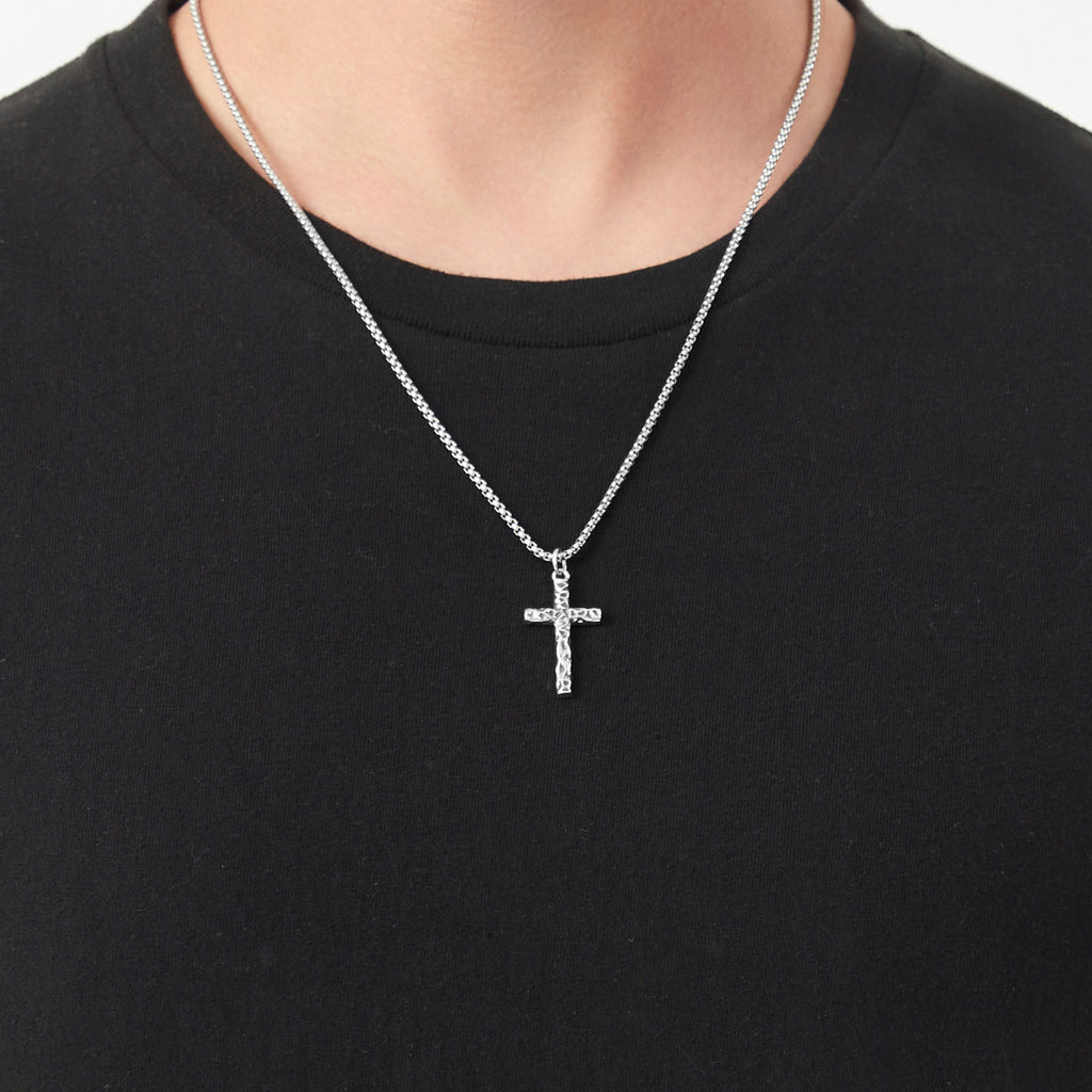 S925 Sterling Silver Cross Necklace for Men – Handcrafted Hammered & Diagonal Texture Pendant Symbolizing Faith, Strength & Protection | Gift for Father’s Day, Christmas, Easter, Birthday & More