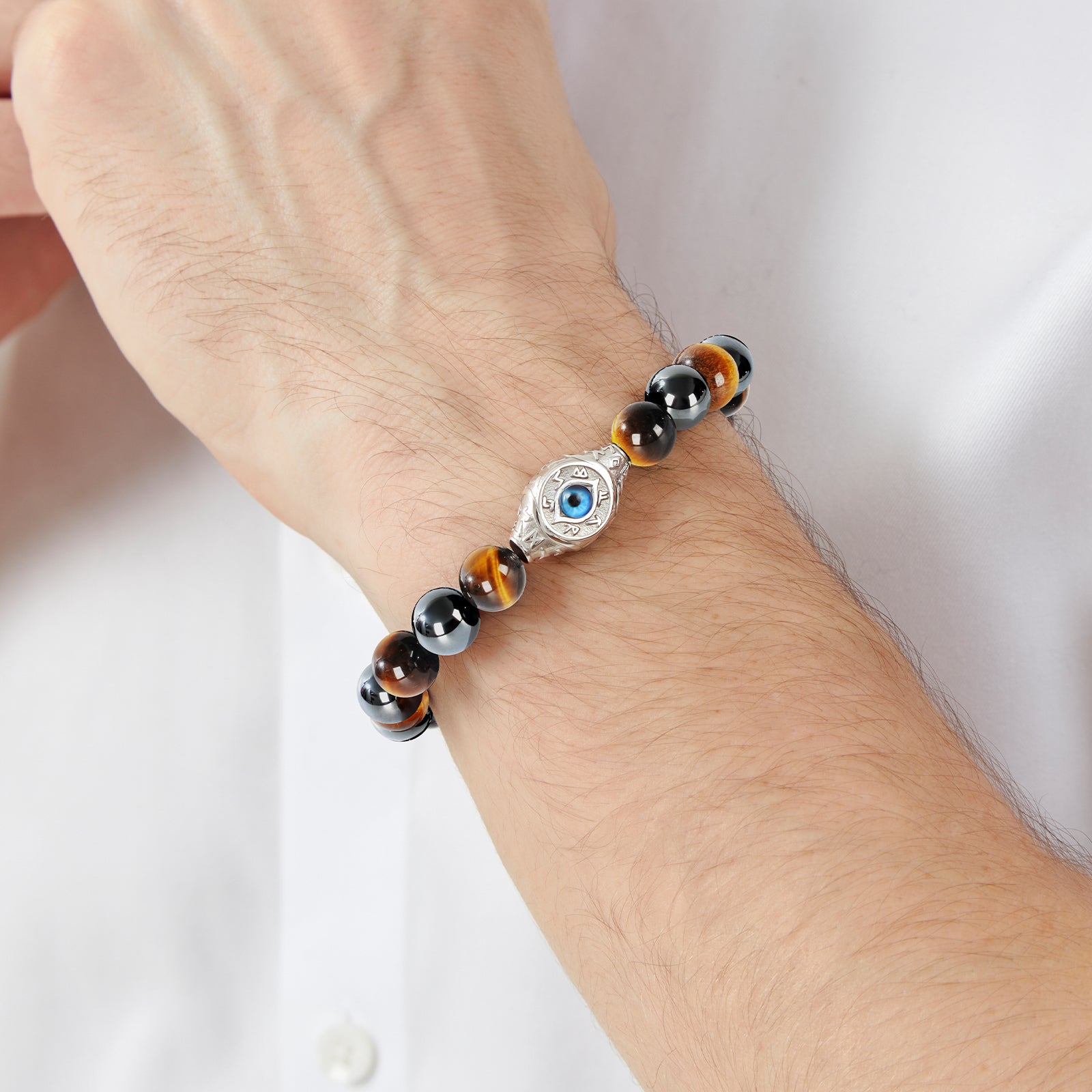 Men’s Evil Eye Beaded Bracelet – 10mm Natural Gemstones (Tiger Eye/ Silver Obsidian/Black Agate/Tiger Eye)) with Protection Charm – Adjustable Elastic, Symbol of Strength & Protection, Perfect Gift for Men
