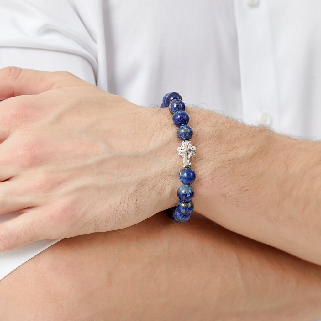 Mens Christian Cross Bracelet – Natural Gemstones (Silver Obsidian/Lapis Lazuli/Tiger Eye) – Adjustable, Symbol of Faith & Protection