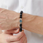 Men’s Evil Eye Beaded Bracelet – 10mm Natural Gemstones (Tiger Eye/ Silver Obsidian/Black Agate/Tiger Eye)) with Protection Charm – Adjustable Elastic, Symbol of Strength & Protection, Perfect Gift for Men