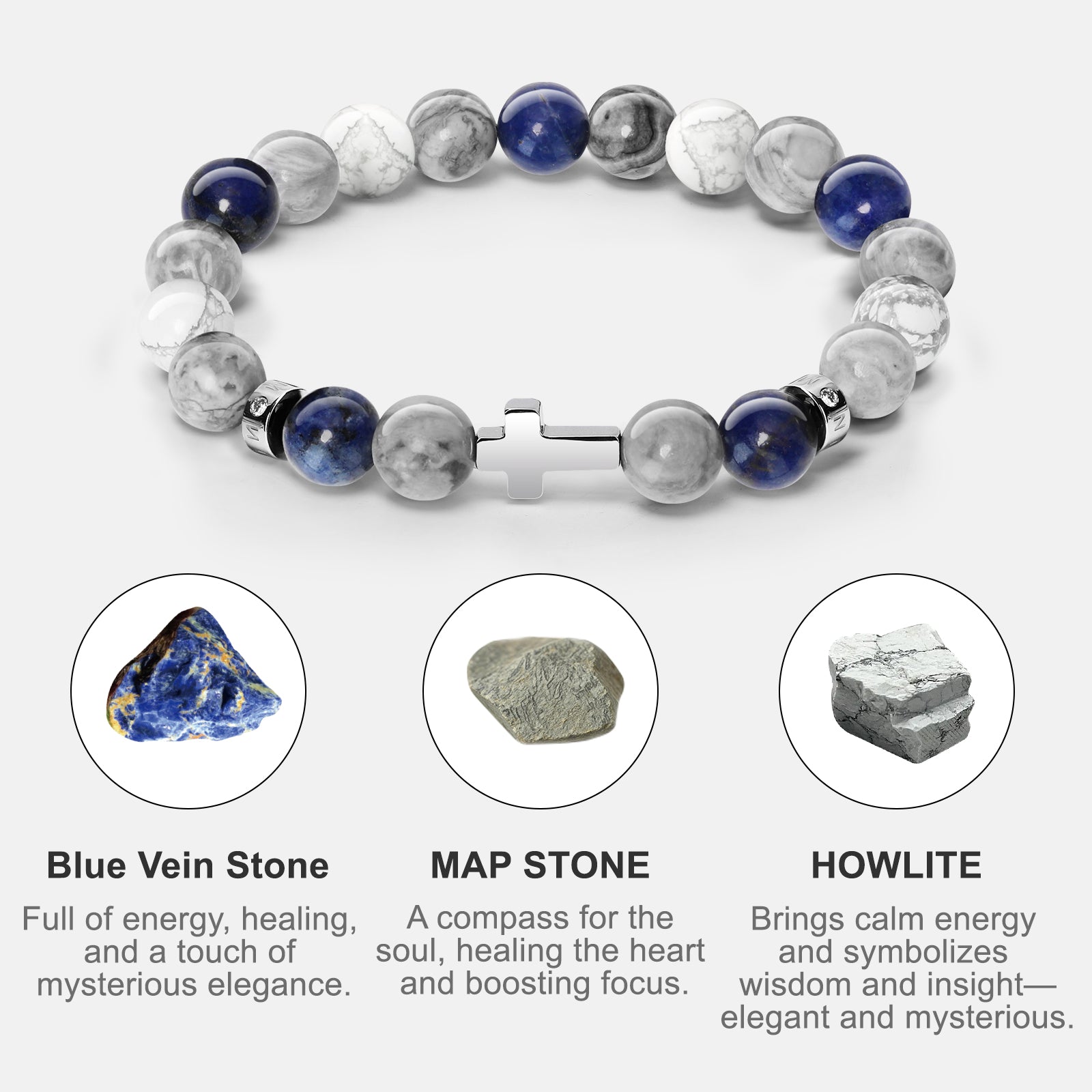 Men’s Christian Cross Energy Bracelet – 10mm Natural Stone Beads for Faith, Spiritual Protection & Inner Strength | Tiger Eye, Hematite, Obsidian, Blue Vein, Map Stone, Howlite