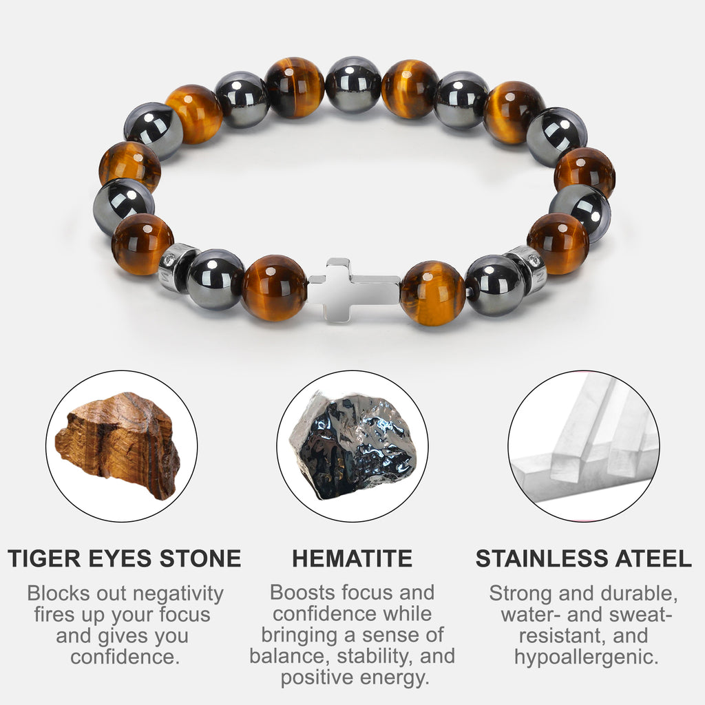Men’s Christian Cross Energy Bracelet – 10mm Natural Stone Beads for Faith, Spiritual Protection & Inner Strength | Tiger Eye, Hematite, Obsidian, Blue Vein, Map Stone, Howlite