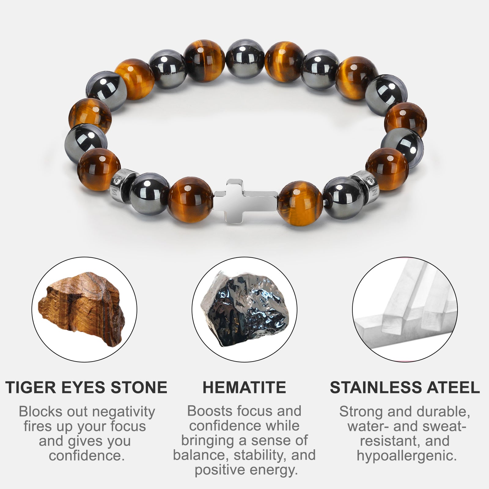 Men’s Christian Cross Energy Bracelet – 10mm Natural Stone Beads for Faith, Spiritual Protection & Inner Strength | Tiger Eye, Hematite, Obsidian, Blue Vein, Map Stone, Howlite