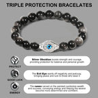 Men’s Evil Eye Beaded Bracelet – 10mm Natural Gemstones (Tiger Eye/ Silver Obsidian/Black Agate/Tiger Eye)) with Protection Charm – Adjustable Elastic, Symbol of Strength & Protection, Perfect Gift for Men