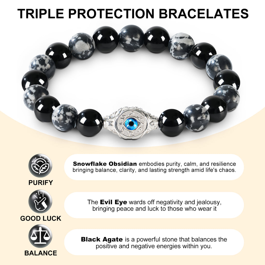 Men’s Evil Eye Beaded Bracelet – 10mm Natural Gemstones (Tiger Eye/ Silver Obsidian/Black Agate/Tiger Eye)) with Protection Charm – Adjustable Elastic, Symbol of Strength & Protection, Perfect Gift for Men