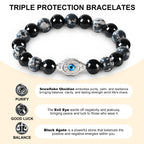 Men’s Evil Eye Beaded Bracelet – 10mm Natural Gemstones (Tiger Eye/ Silver Obsidian/Black Agate/Tiger Eye)) with Protection Charm – Adjustable Elastic, Symbol of Strength & Protection, Perfect Gift for Men