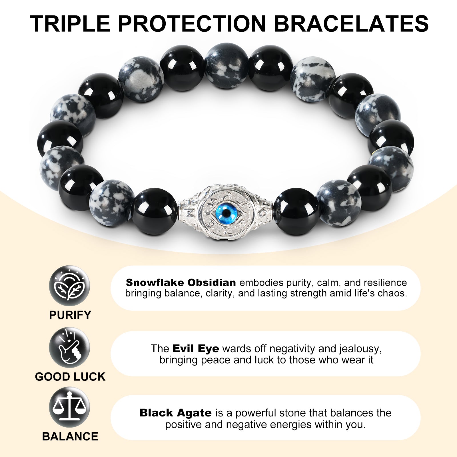 Men’s Evil Eye Beaded Bracelet – 10mm Natural Gemstones (Tiger Eye/ Silver Obsidian/Black Agate/Tiger Eye)) with Protection Charm – Adjustable Elastic, Symbol of Strength & Protection, Perfect Gift for Men