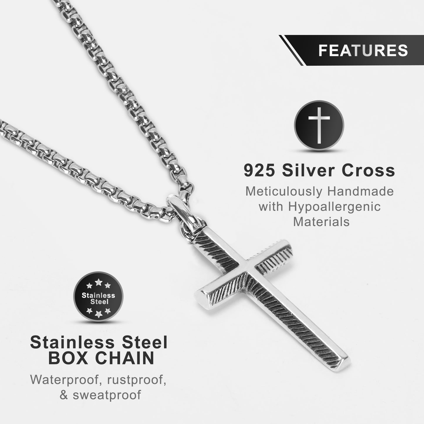 925 Silver Cross Necklace for Men, Handcrafted Hammered/Diagonal-Texture Sterling Silver Pendant, Symbolizing Faith and Strength – Gift for Men for Father’s Day, Christmas, Birthday, and More.