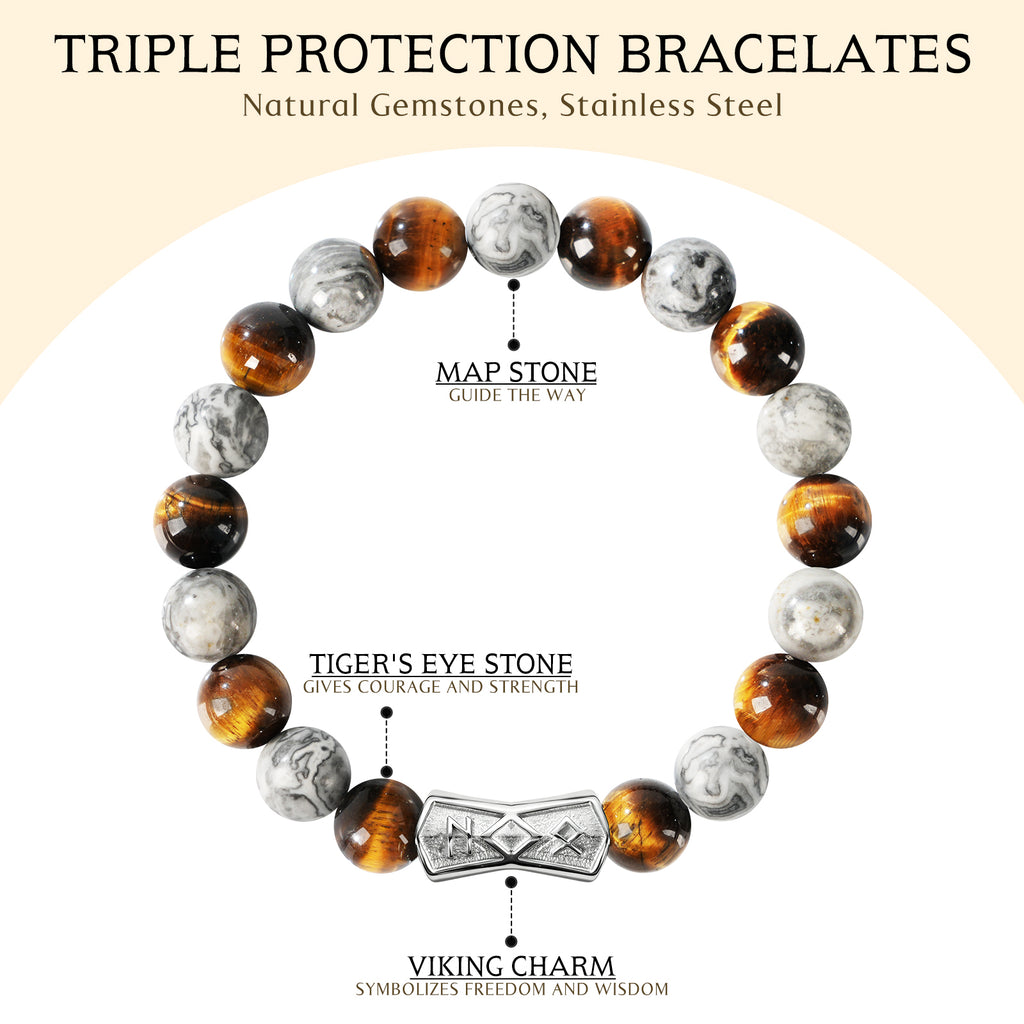 Viking Rune Beaded Bracelet for Men – Natural Gemstones (Lapis Lazuli/Black Agate/Tiger Eye) – Adjustable Elastic, Symbol of Strength & Protection, Perfect Gift for Men