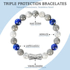 Viking Rune Beaded Bracelet for Men – Natural Gemstones (Lapis Lazuli/Black Agate/Tiger Eye) – Adjustable Elastic, Symbol of Strength & Protection, Perfect Gift for Men