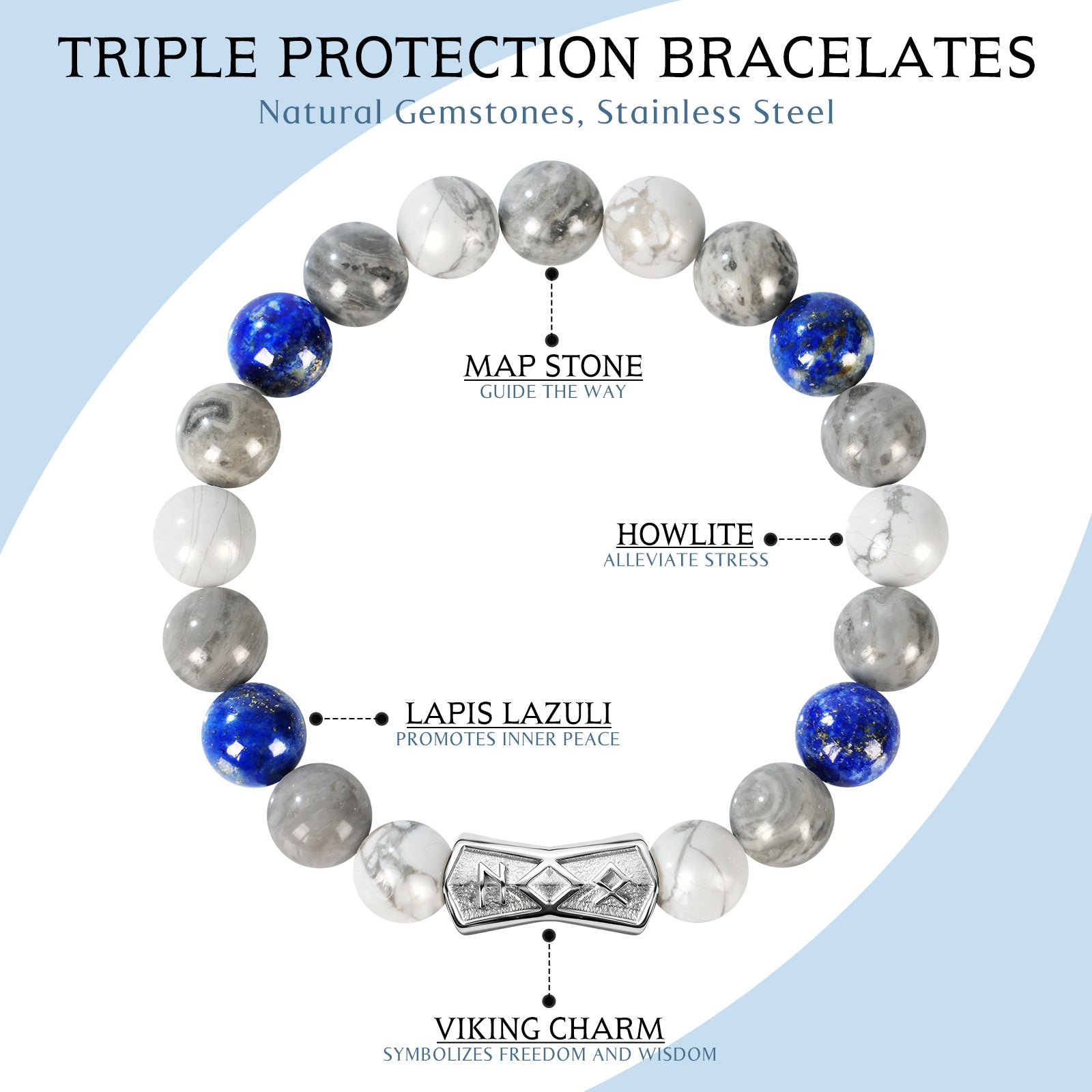 Viking Rune Beaded Bracelet for Men – Natural Gemstones (Lapis Lazuli/Black Agate/Tiger Eye) – Adjustable Elastic, Symbol of Strength & Protection, Perfect Gift for Men