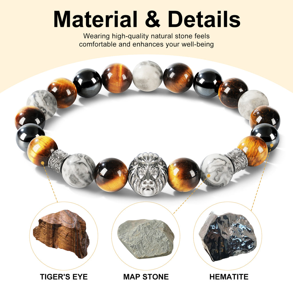 Lion Head Men’s Beaded Bracelet – Natural Gemstone Bracelet Symbolizing Courage, Strength & Inner Power
