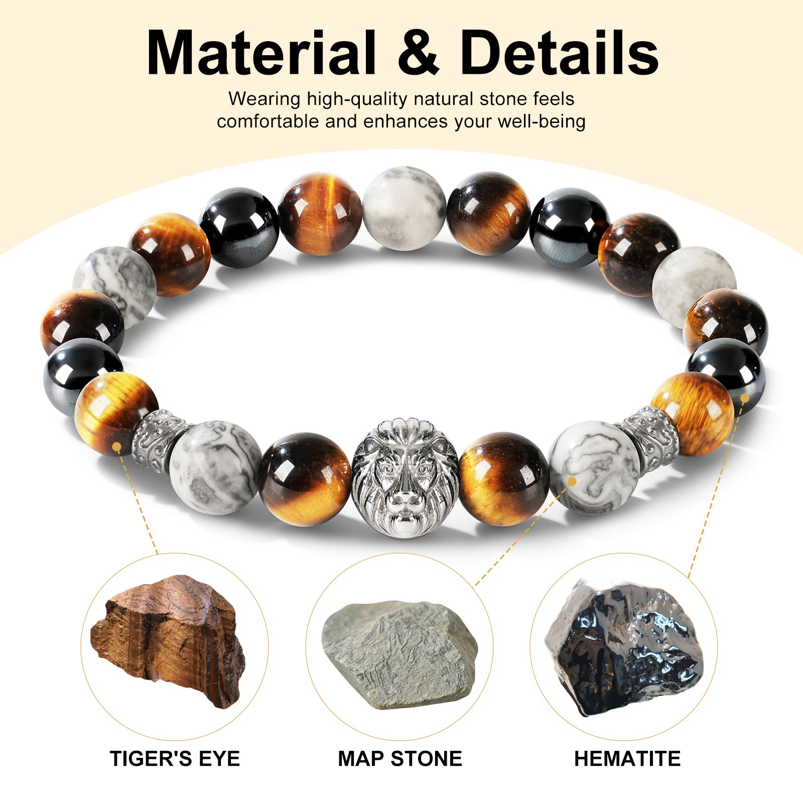 Lion Head Men’s Beaded Bracelet – Natural Gemstone Bracelet Symbolizing Courage, Strength & Inner Power