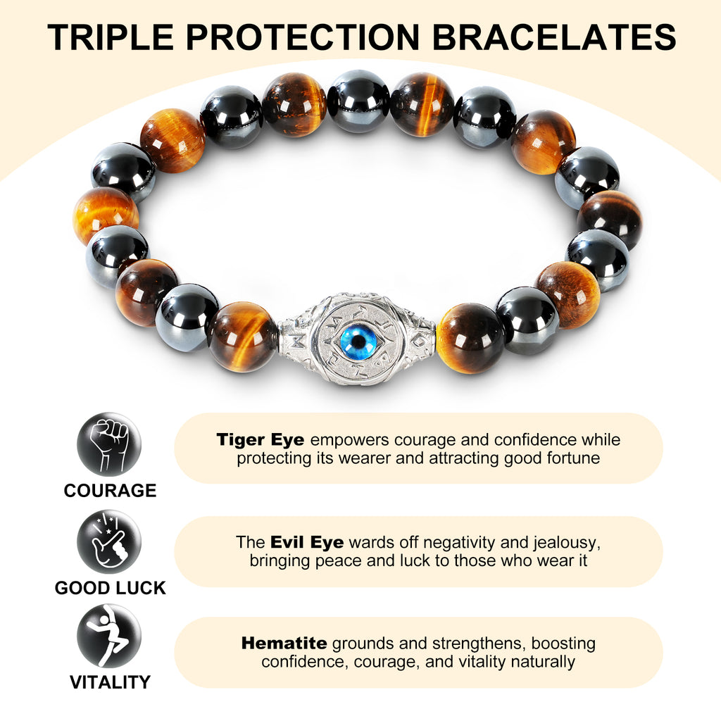 Men’s Evil Eye Beaded Bracelet – 10mm Natural Gemstones (Tiger Eye/ Silver Obsidian/Black Agate/Tiger Eye)) with Protection Charm – Adjustable Elastic, Symbol of Strength & Protection, Perfect Gift for Men