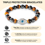 Men’s Evil Eye Beaded Bracelet – 10mm Natural Gemstones (Tiger Eye/ Silver Obsidian/Black Agate/Tiger Eye)) with Protection Charm – Adjustable Elastic, Symbol of Strength & Protection, Perfect Gift for Men
