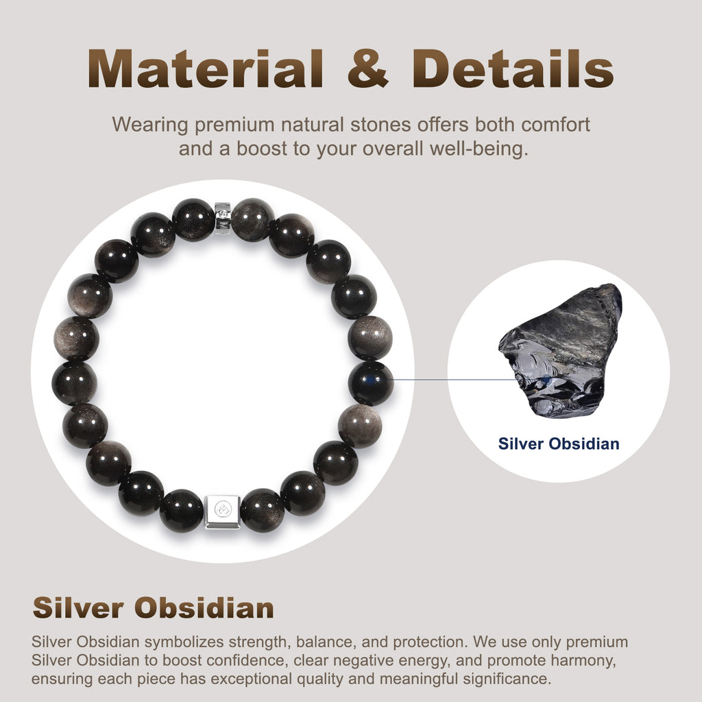 Men’s Beaded Bracelet – Handcrafted 10MM Natural Stone Bracelet (Lapis Lazuli/Silver Sheen Obsidian), Symbolizing Faith & Strength