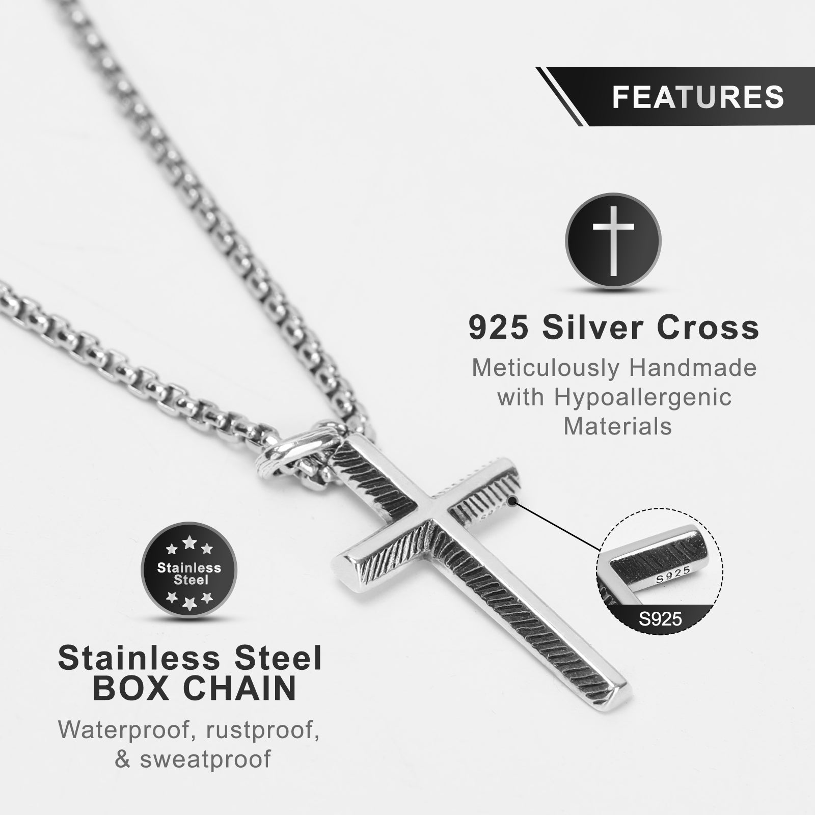 S925 Sterling Silver Cross Necklace for Men – Handcrafted Hammered & Diagonal Texture Pendant Symbolizing Faith, Strength & Protection | Gift for Father’s Day, Christmas, Easter, Birthday & More