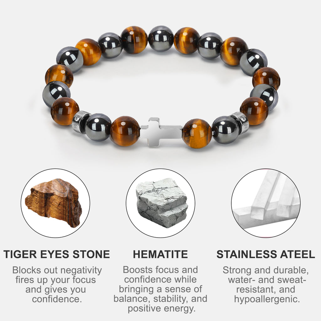 Men’s Christian Cross Energy Bracelet – 10mm Natural Stone Beads for Faith, Spiritual Protection & Inner Strength | Tiger Eye, Hematite, Obsidian, Blue Vein, Map Stone, Howlite