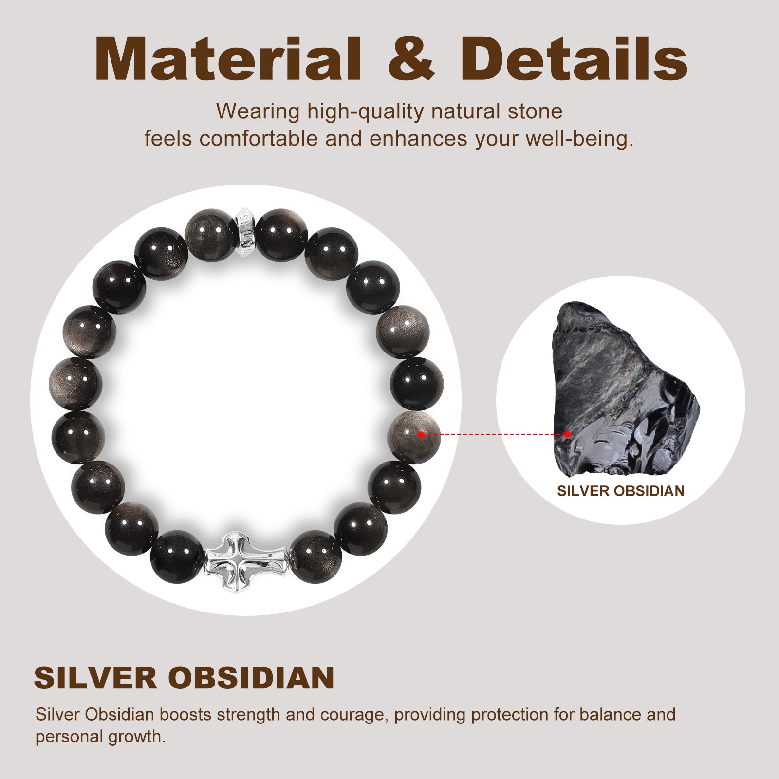 Mens Christian Cross Bracelet – Natural Gemstones (Silver Obsidian/Lapis Lazuli/Tiger Eye) – Adjustable, Symbol of Faith & Protection