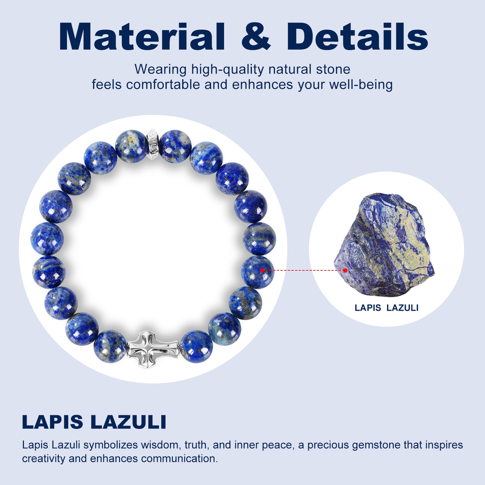 Mens Christian Cross Bracelet – Natural Gemstones (Silver Obsidian/Lapis Lazuli/Tiger Eye) – Adjustable, Symbol of Faith & Protection